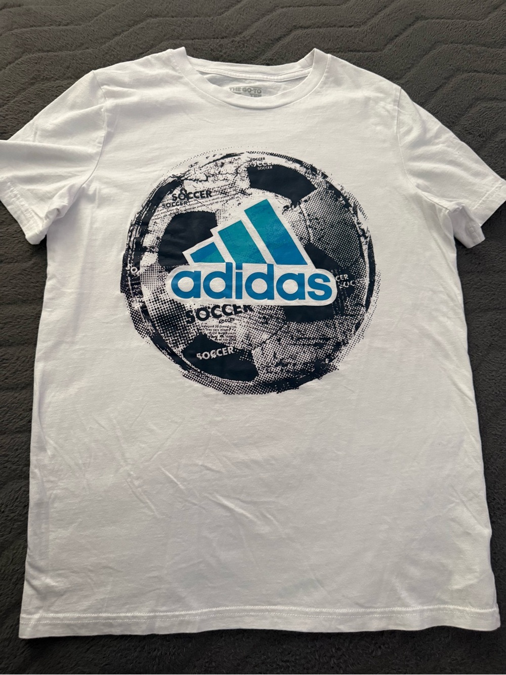 adidas White Tee with Teal and Navy Soccer Graphic